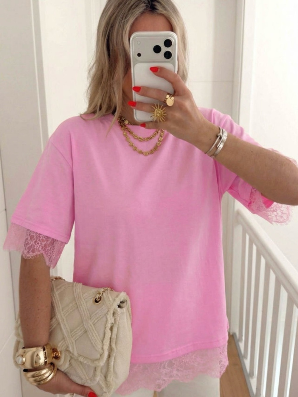 XoXo Cotton Pink Lace-Trim Casual Tee ✨